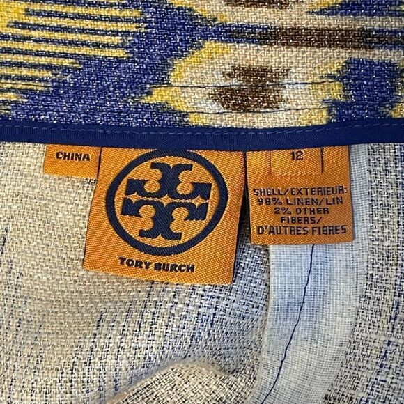 Tory Burch Blue Yellow Jemima Ikat Metallic Linen Pencil Skirt Size 12 - Picture 6 of 8